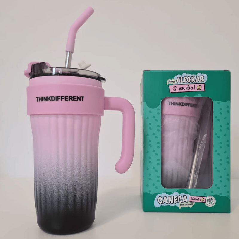 Caneca Copo Térmico Aço Inox 860ml Tampa Canudo Inox E Alça Cor Rosa Degrade Degradé