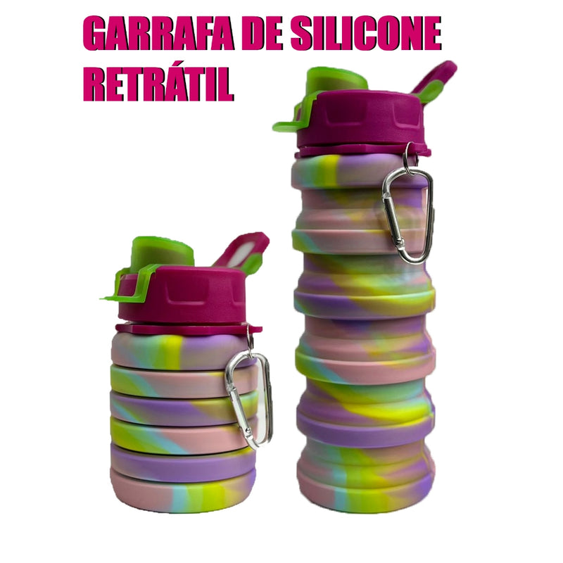 Garrafa Colorida Silicone Retrátil Dobrável Com Mosquetão Portátil 500ml