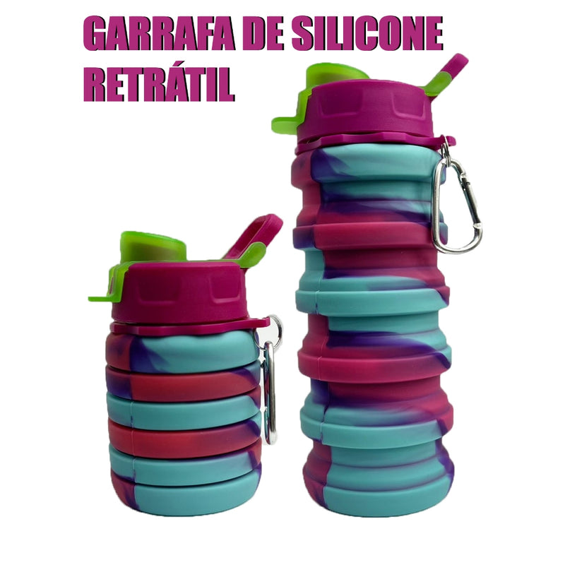 Garrafa Colorida Silicone Retrátil Dobrável Com Mosquetão Portátil 500ml