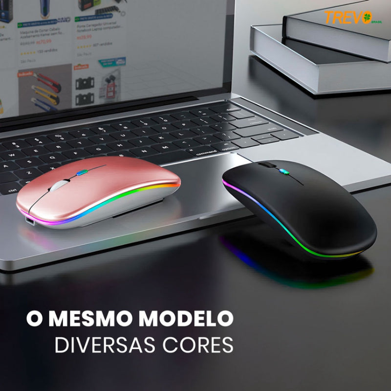 Mouse Sem Fio Wireless Recarregavel Led Rgb 2,4GHz Bluetooth Bateria Interna  Ergonômico Silencioso