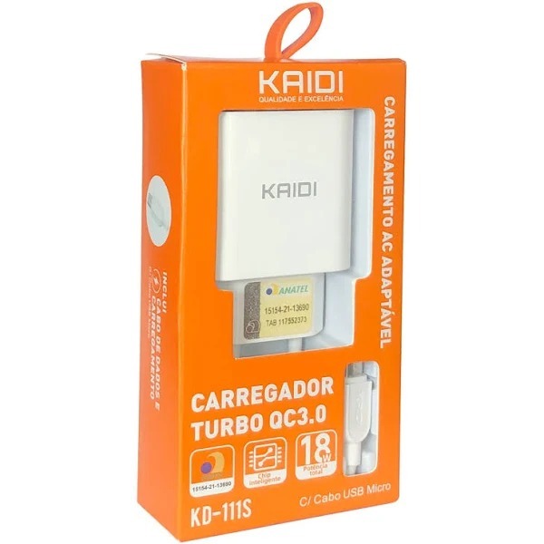 Carregador Turbo Qc3.0 Kaidi KD-111S Cabo Usb Micro 18w Potência