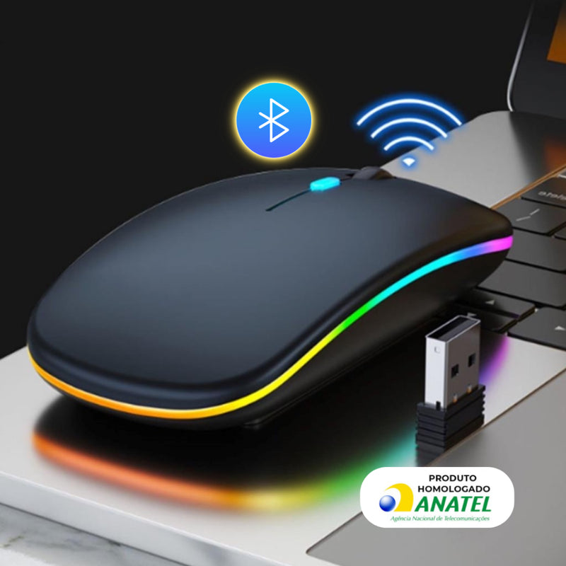 Mouse Sem Fio Wireless Recarregavel Led Rgb 2,4GHz Bluetooth Bateria Interna  Ergonômico Silencioso