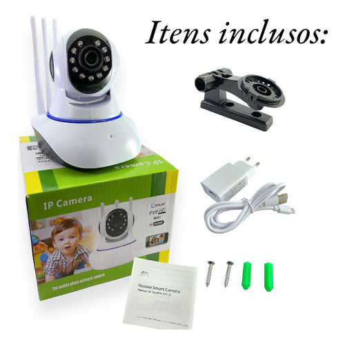 Câmera iP robô 3 antenas wifi visão noturna full HD 360º babá eletrônica robozinho sem fio bivolt