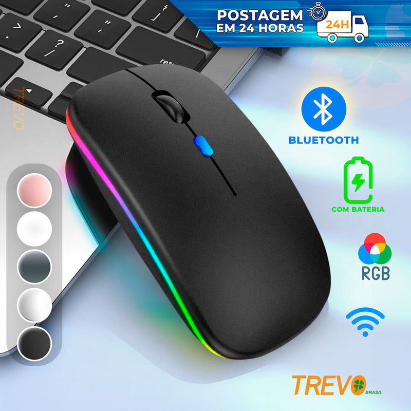 Mouse Sem Fio Wireless Recarregavel Led Rgb 2,4GHz Bluetooth Bateria Interna  Ergonômico Silencioso